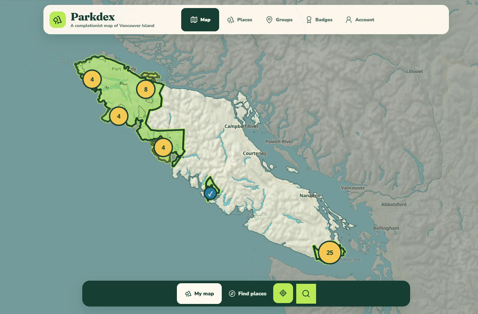 Parkdex map showing visited parks across Vancouver Island